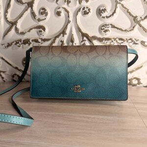 Coach Ombre Leather Crossbody Wallet Clutch Blue Green Signature Fade Purse